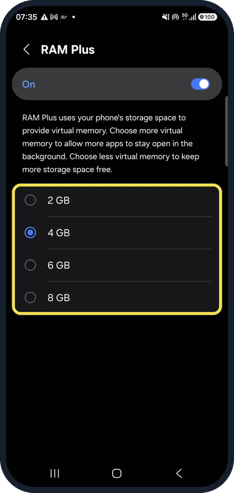 Android screenshot: Choose a size or switch it off