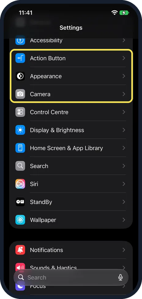 iPhone screen: No Camera Control row in Settings