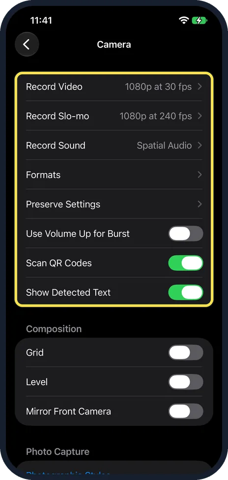 iPhone screen: Camera settings: no macro or lens options