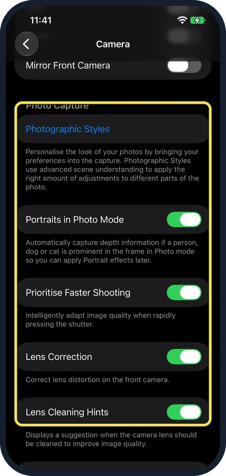 iPhone screen: Photo Capture has no lens rows either