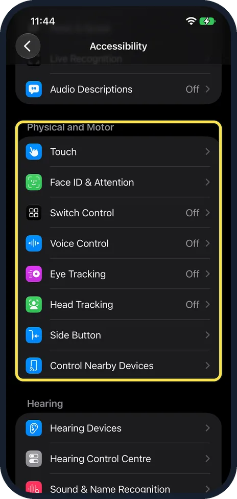 iPhone screen: No Camera Control in Accessibility