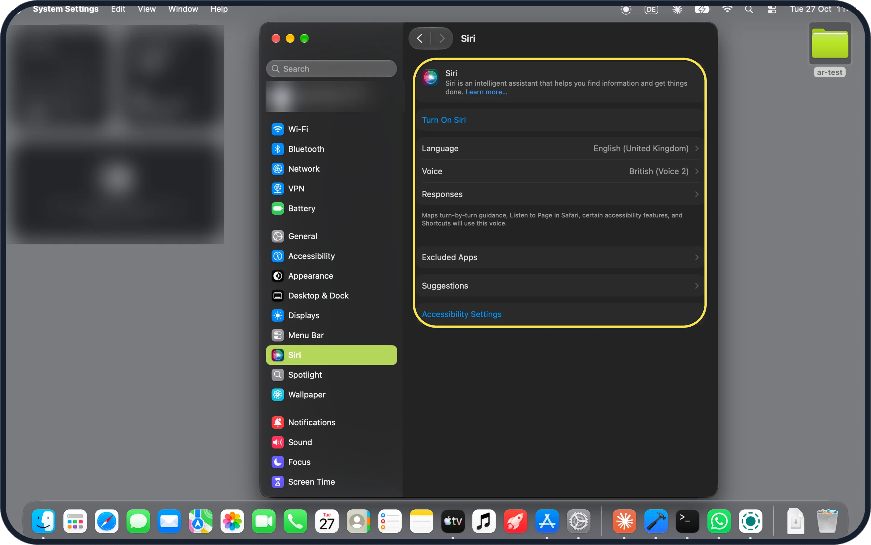 Mac screenshot: Siri: no Apple Intelligence row