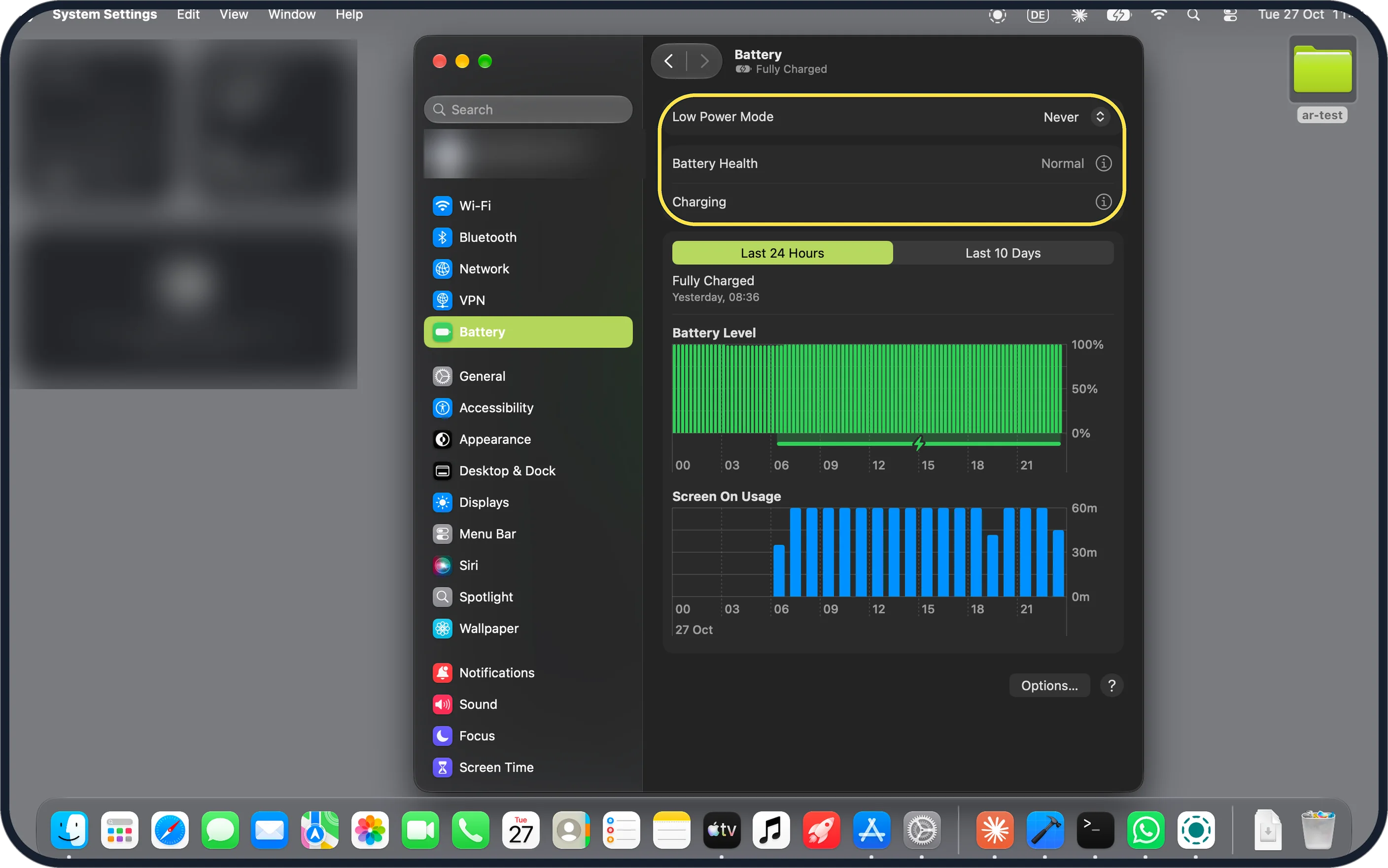 Mac screenshot: Battery: Low Power Mode and Battery Health
