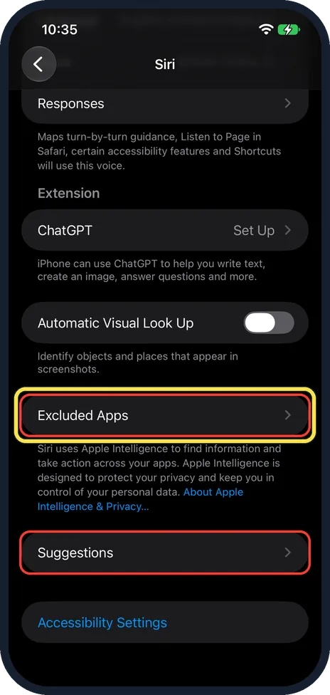 iPhone screen: On iOS 27.2: Excluded Apps in their place