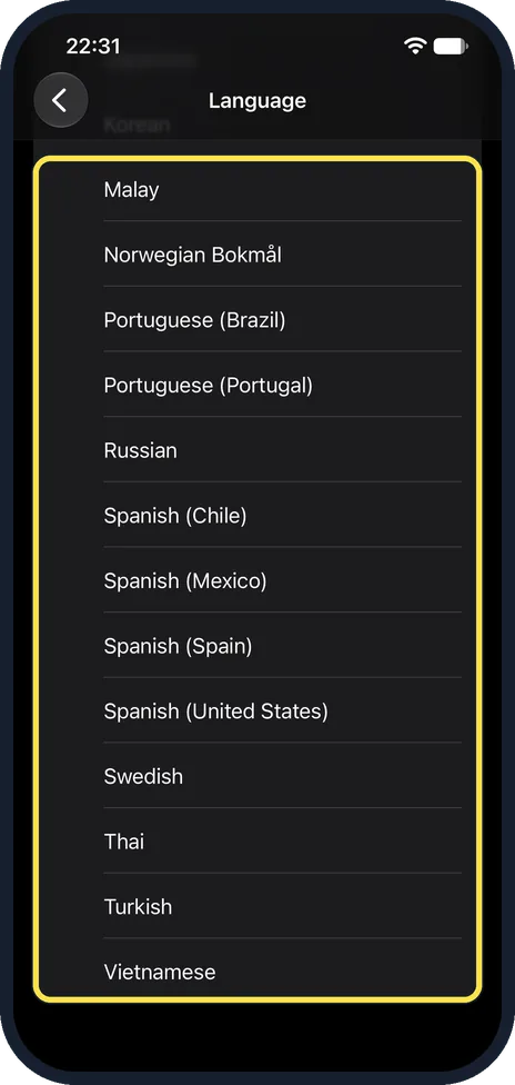 iPhone screen: Siri languages before: the same end of the list