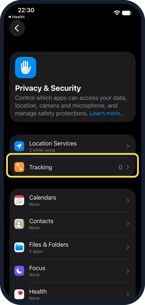 iPhone screen: On iOS 27.0.1 the row was called Tracking
