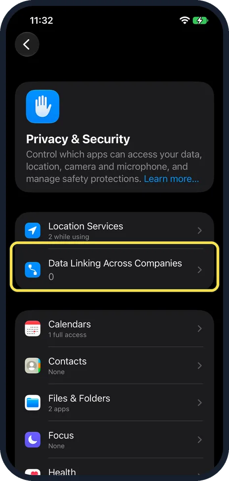 iPhone screen: On iOS 27.2 it is Data Linking Across Companies