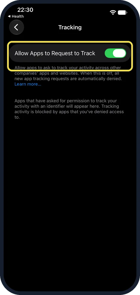 iPhone screen: The old switch: Allow Apps to Request to Track