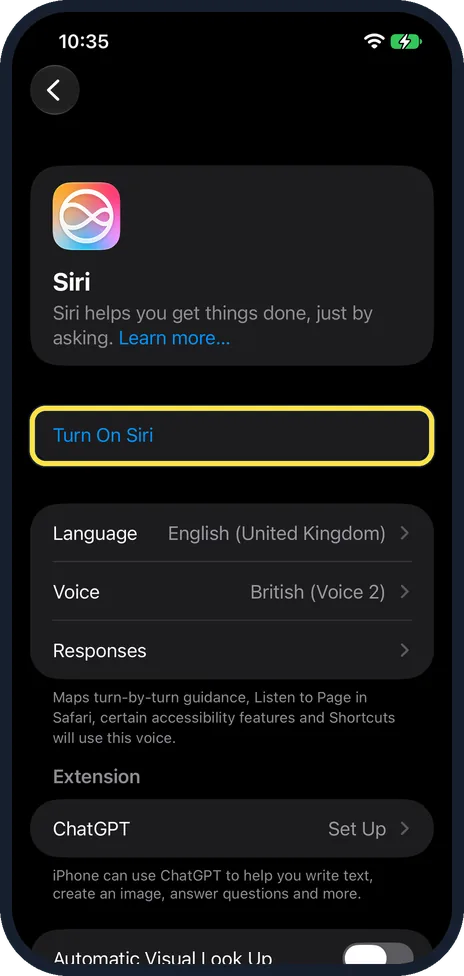 iPhone screen: The Siri page: Siri off, no Siri AI row