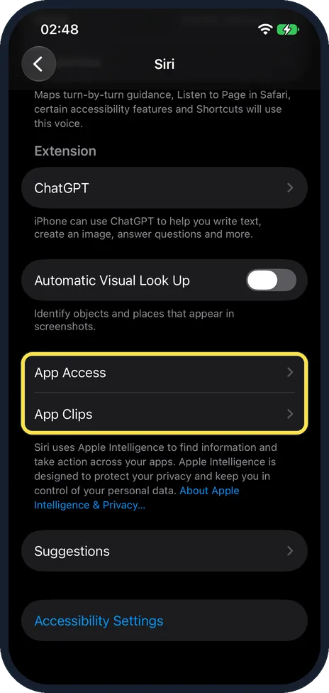 iPhone screen: On iOS 27.0.1: App Access and App Clips