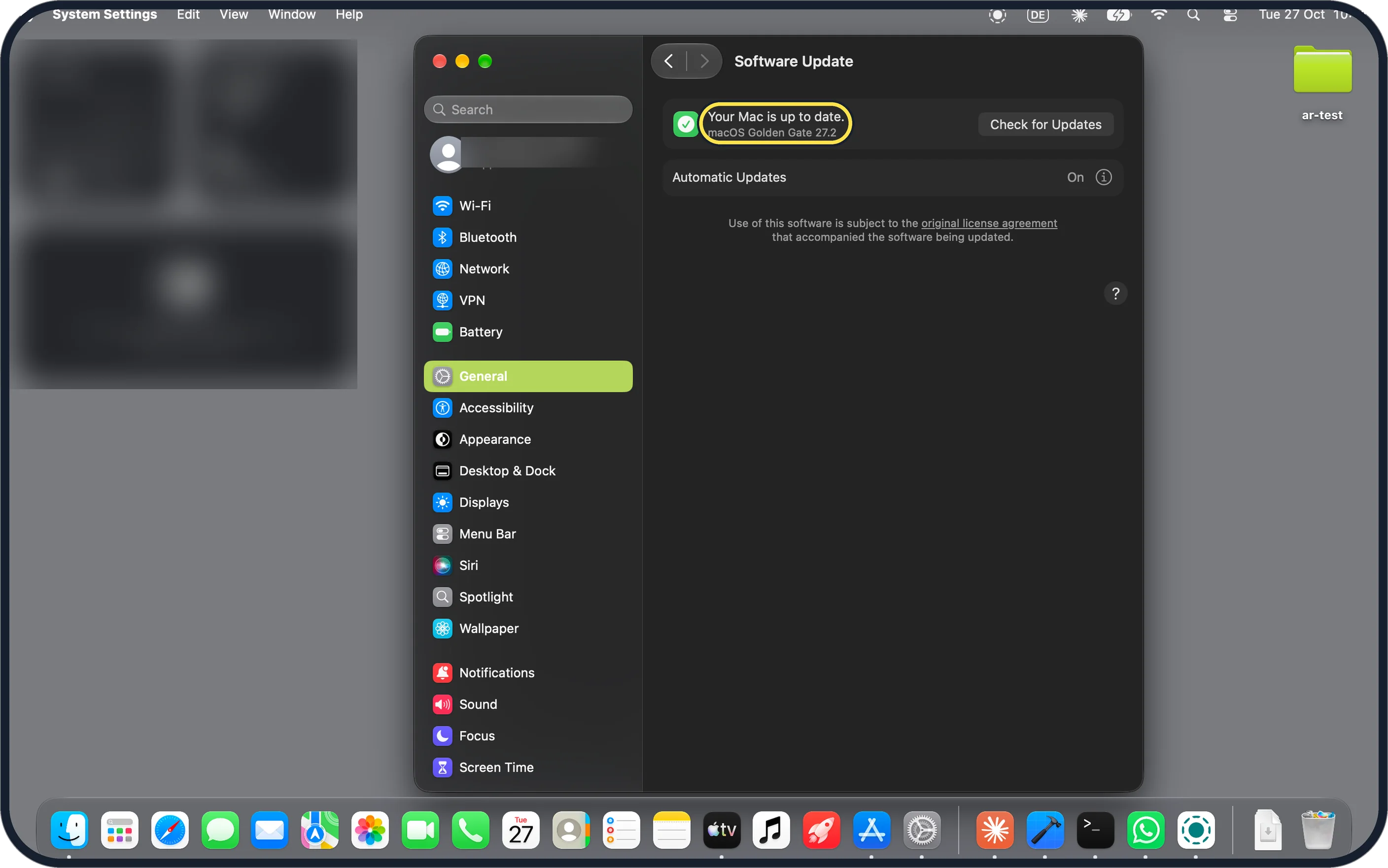 Mac screenshot: Software Update shows 27.2