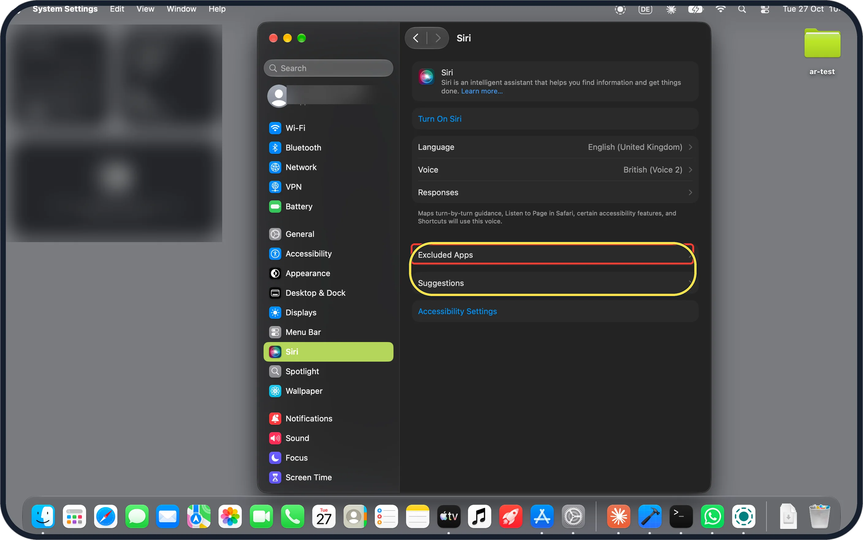 Mac screenshot: Siri settings have two new rows