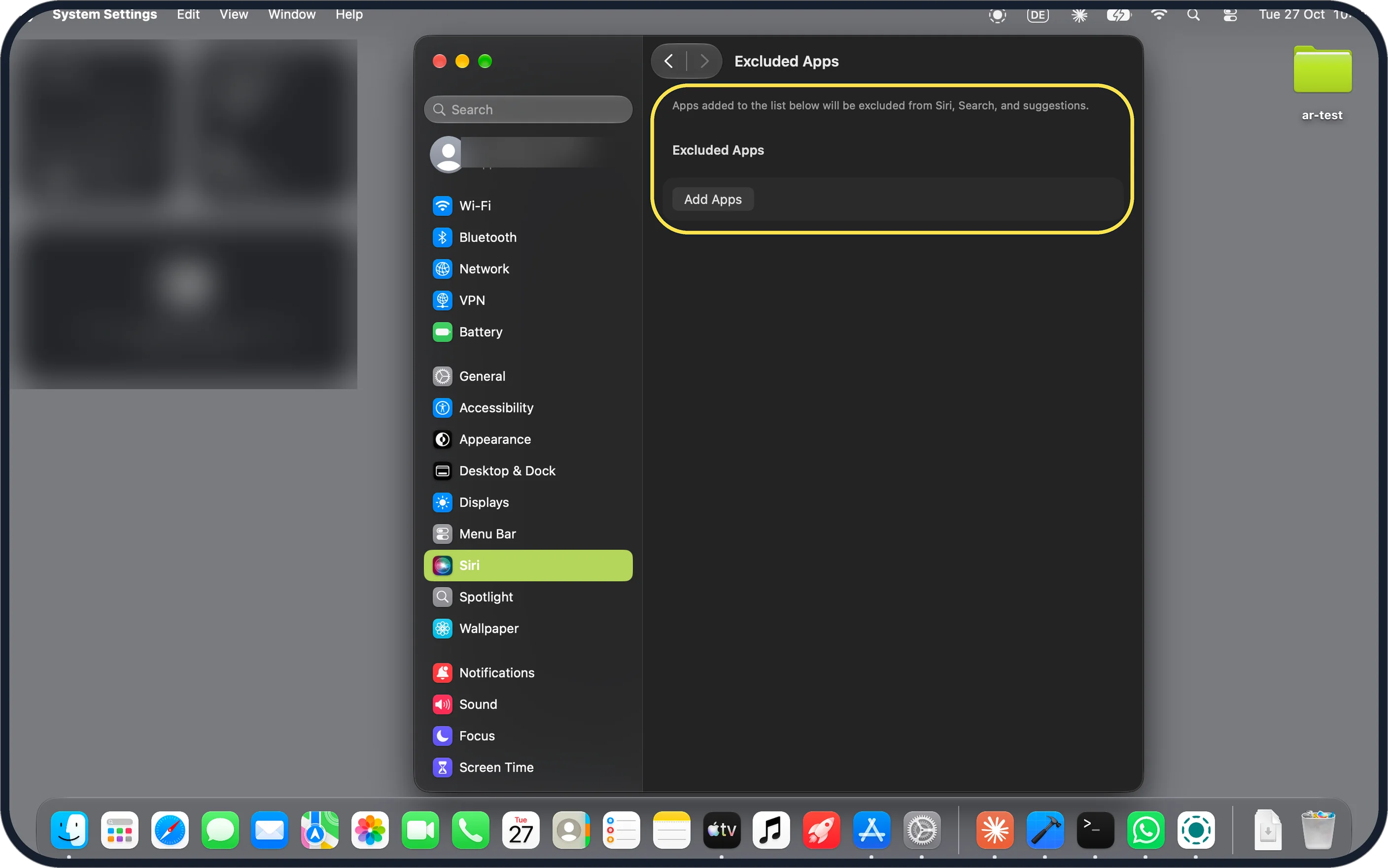 Mac screenshot: Excluded Apps keeps apps away from Siri