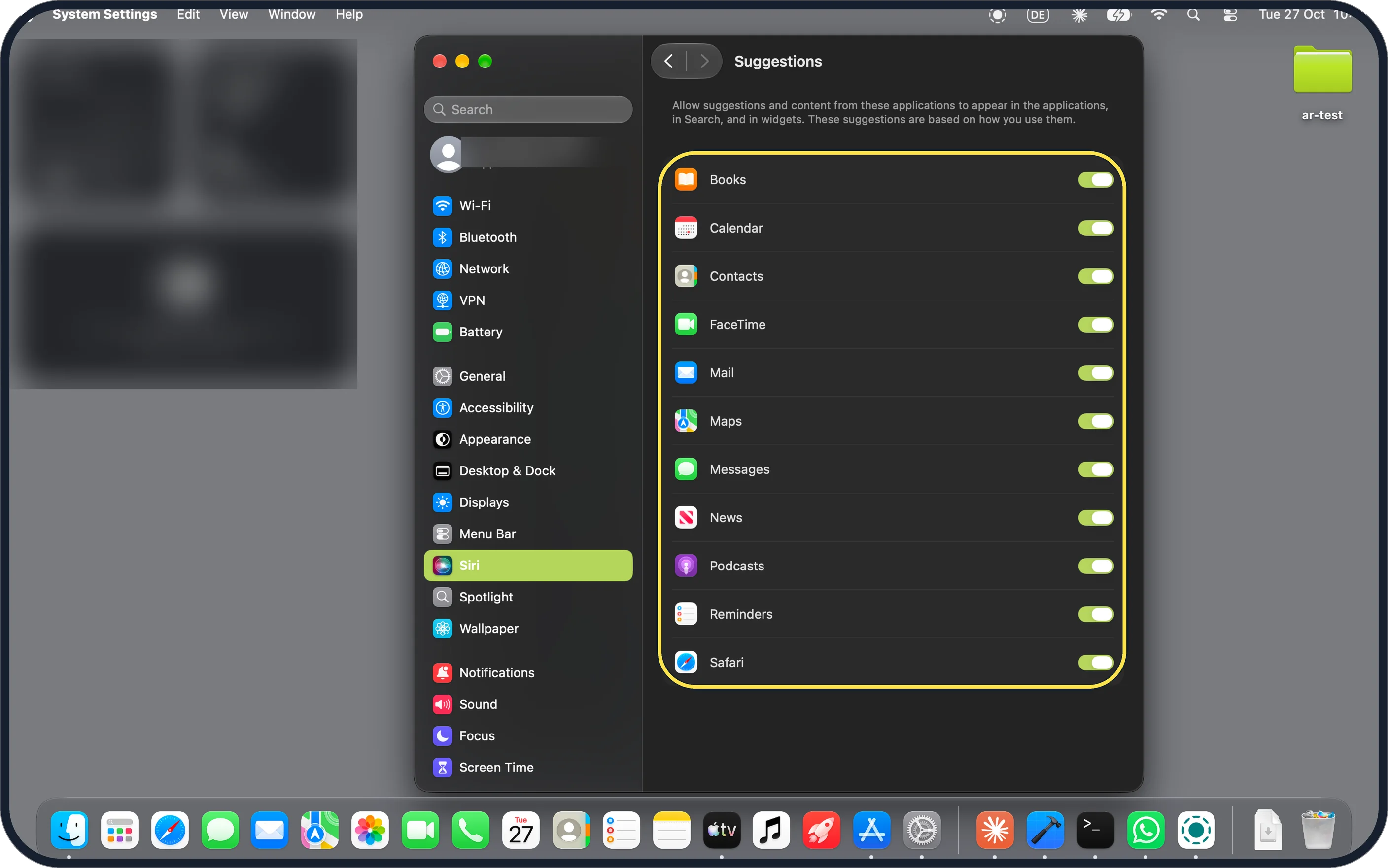 Mac screenshot: Suggestions has one switch per app