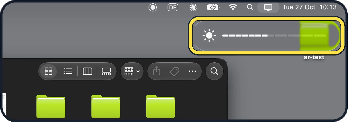Mac screenshot: Brightness shows a pill split into steps
