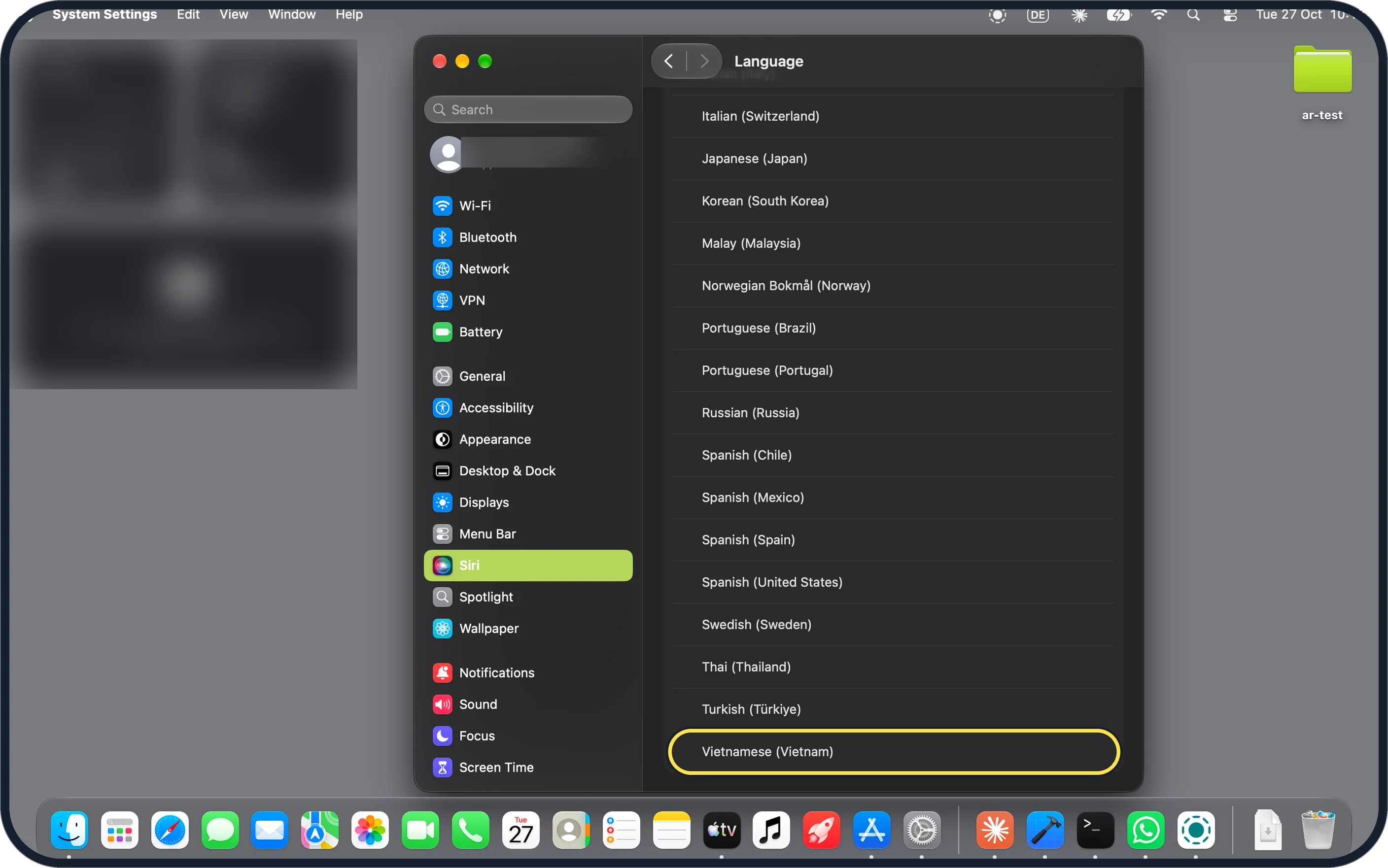 Mac screenshot: Siri languages: the classic Siri list