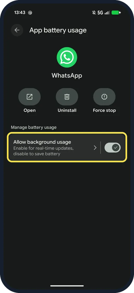 Android screenshot: Turn on Allow background usage