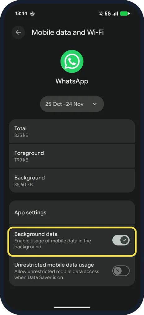 Android screenshot: Check Background data