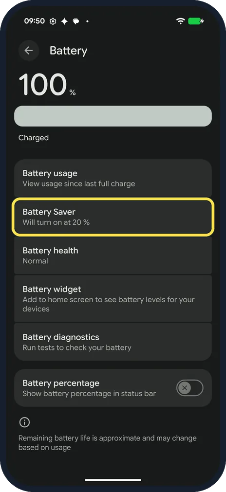 Android screenshot: Tap Battery Saver