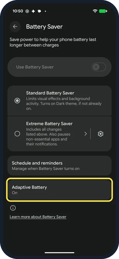 Android screenshot: Tap Adaptive Battery