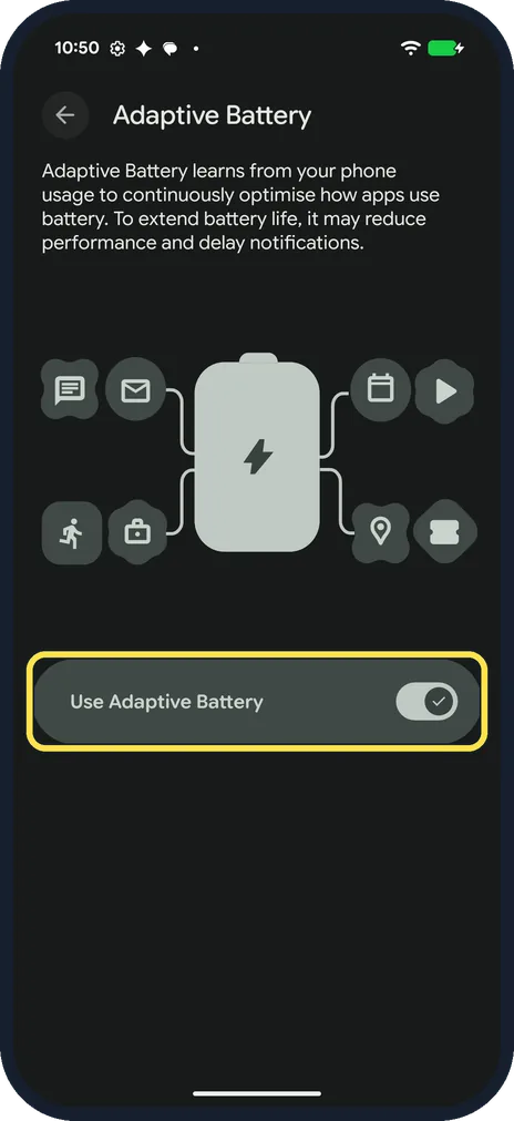 Android screenshot: Use Adaptive Battery