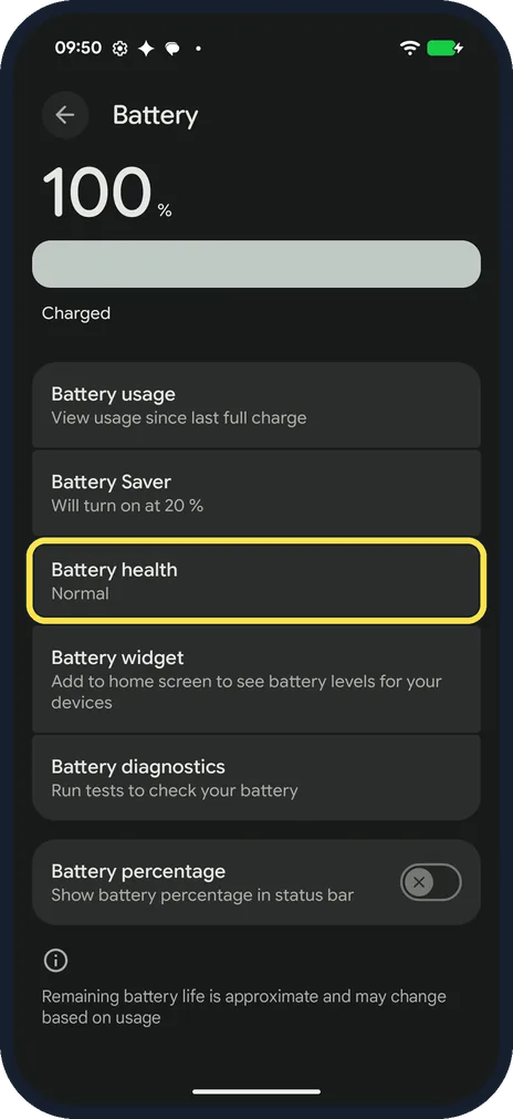 Android screenshot: Tap Battery health