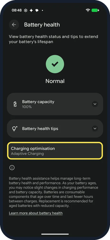 Android screenshot: Tap Charging optimisation