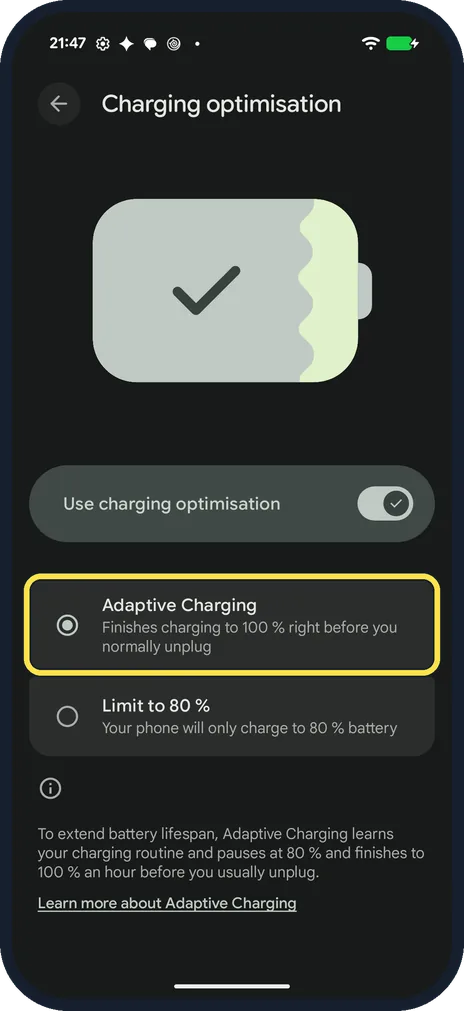 Android screenshot: Adaptive Charging