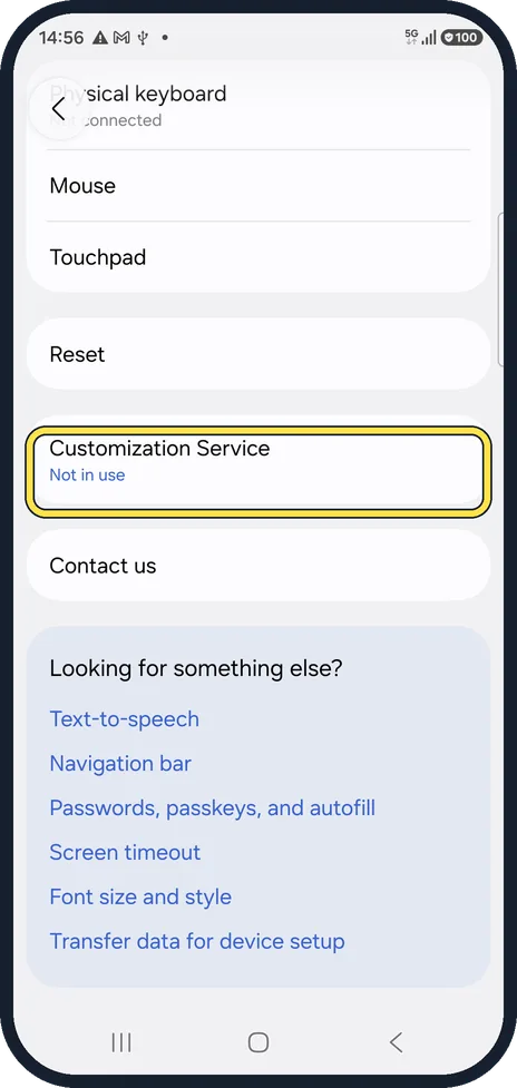 Android screenshot: Scroll down to Customization Service