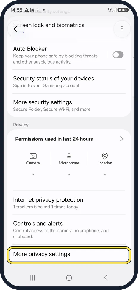 Android screenshot: It is no longer under privacy