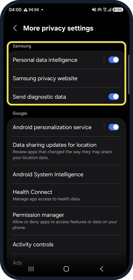 Android screenshot: It is no longer under privacy