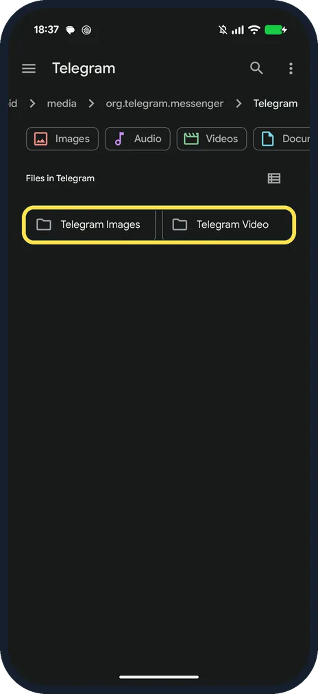 Android screenshot: Open the Telegram folder
