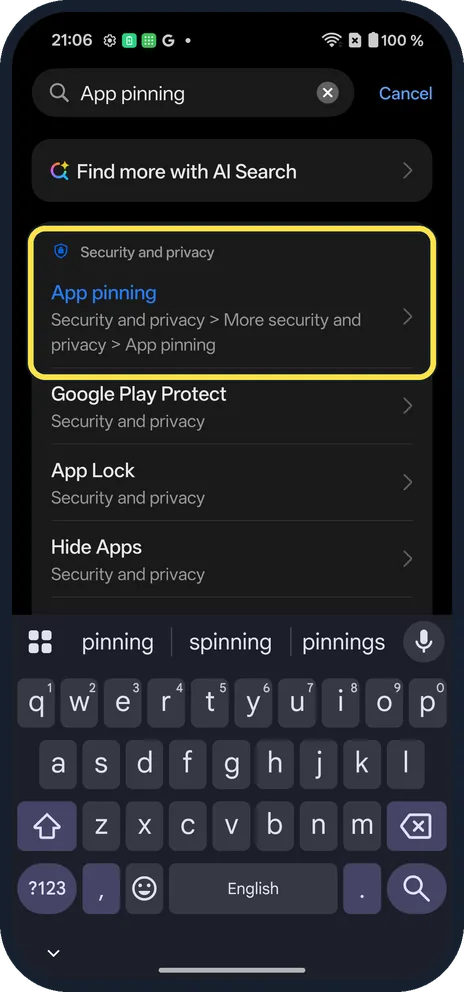 Screenshot from the guide: Why App pinning is greyed out on a OnePlus (OxygenOS 16)