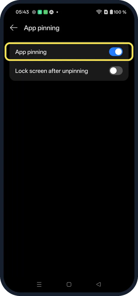 Android screenshot: Turn App pinning on