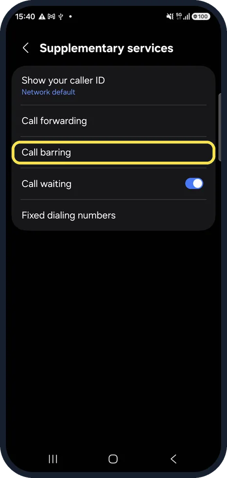 Android screenshot: Check Call barring