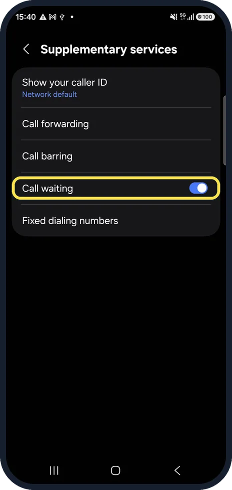 Android screenshot: Check Call waiting