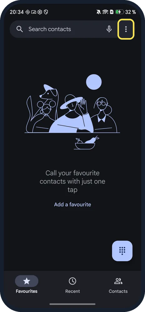 Android screenshot: Open the Phone app menu