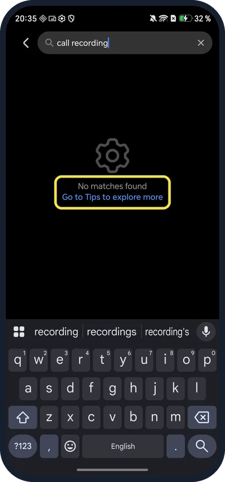 Android screenshot: Search Settings to be sure