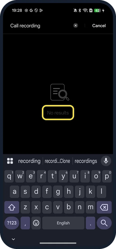 Android screenshot: Search the phone's settings