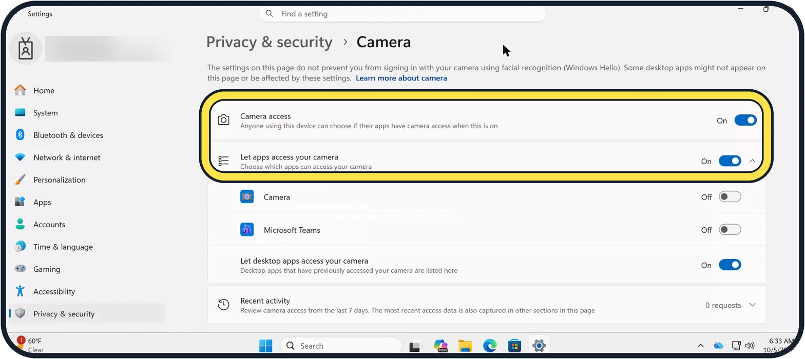 Windows screenshot: Check the privacy settings