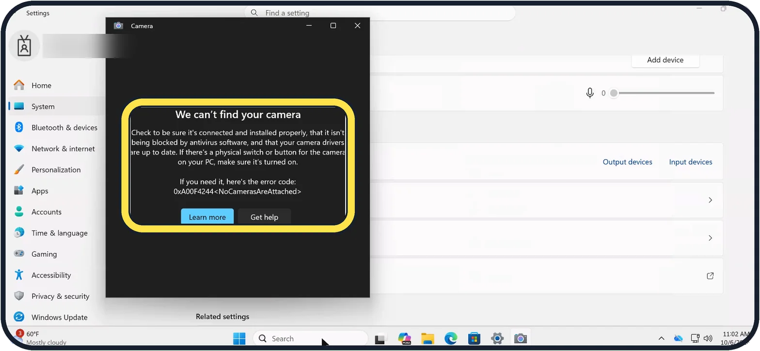Windows screenshot: Test with the Camera app