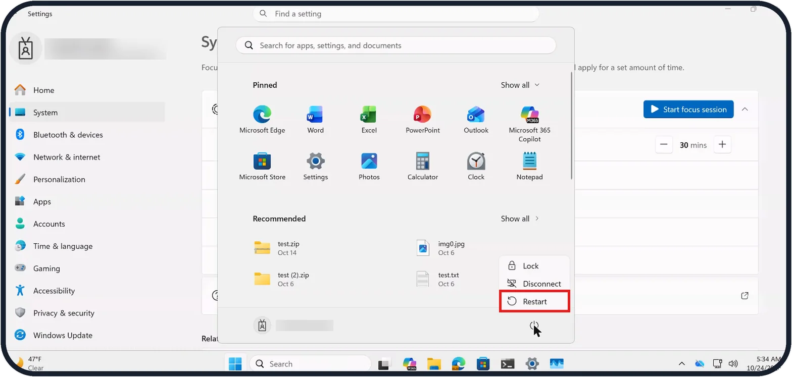 Windows screenshot: Restart the PC