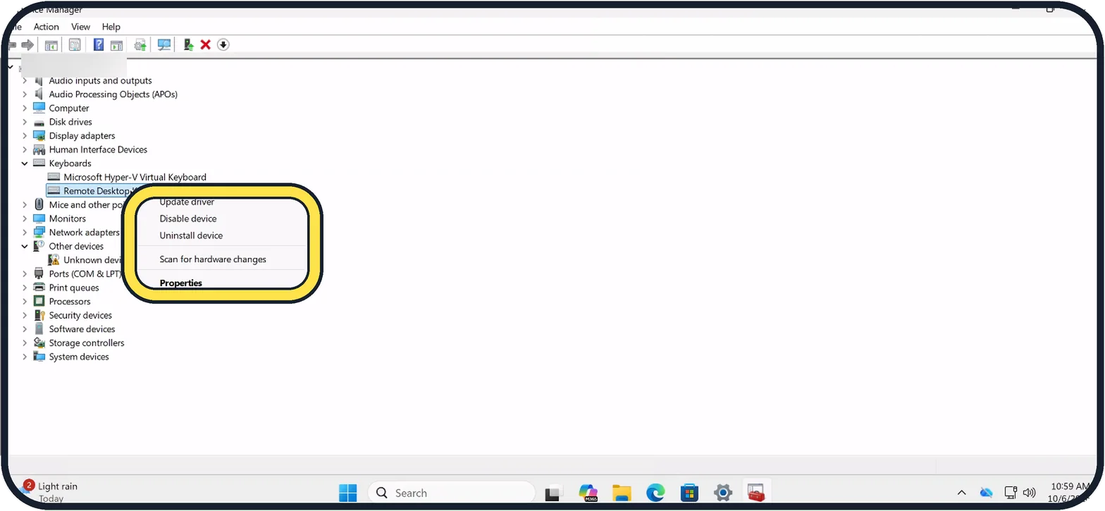 Windows screenshot: Update, roll back or reinstall the driver