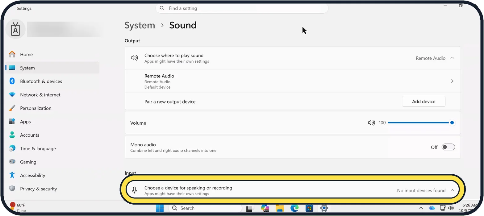 Windows screenshot: Choose the right microphone