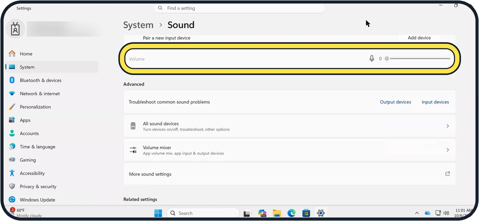Windows screenshot: Raise the input volume