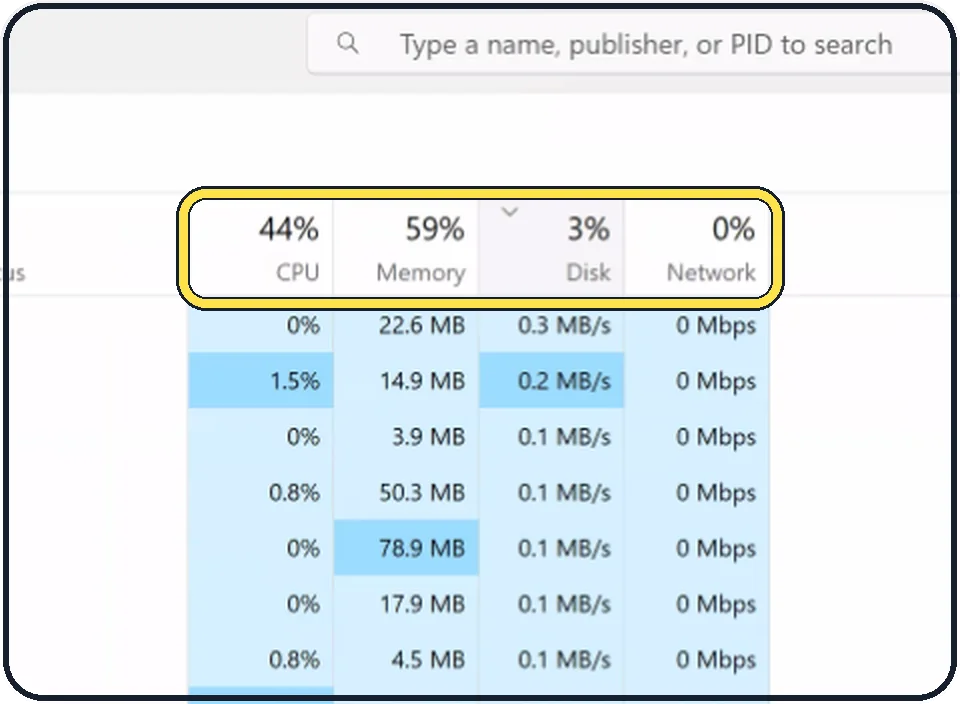 Windows screenshot: Open Task Manager and sort by Disk