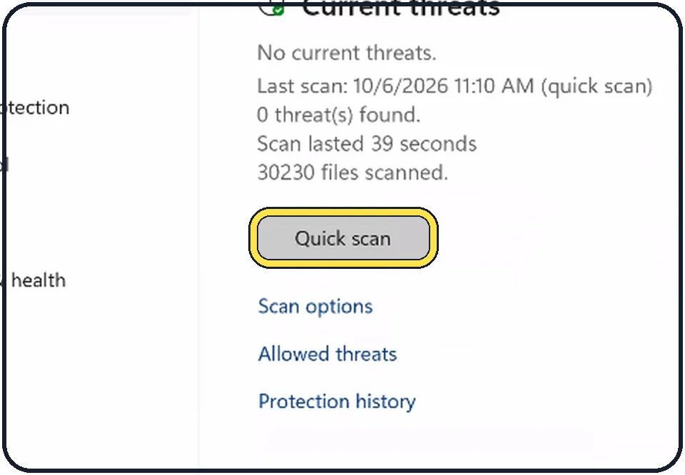 Windows screenshot: Run a quick virus scan