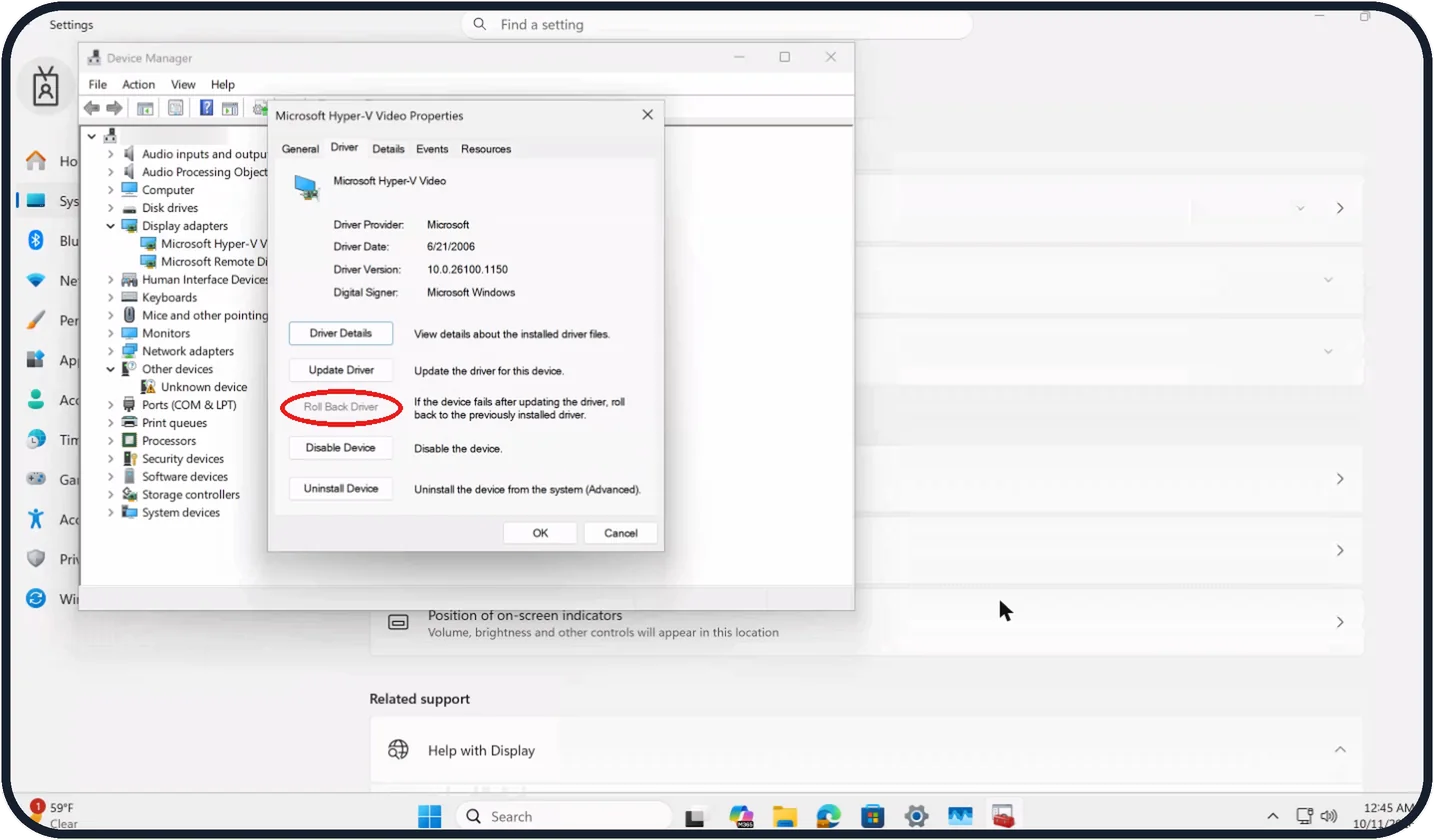 Windows screenshot: Driver: roll back