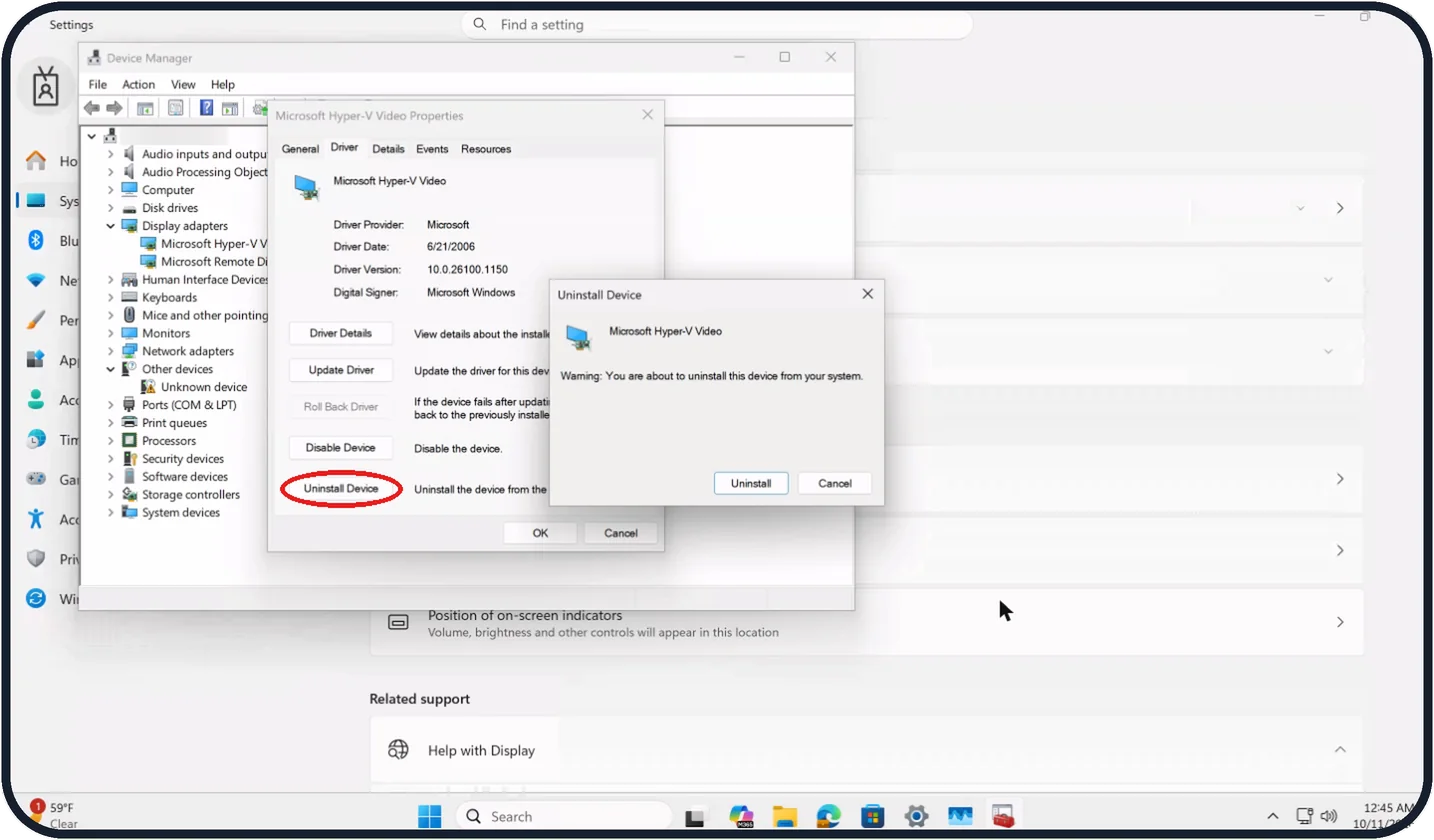 Windows screenshot: Driver: uninstall and let Windows reinstall it