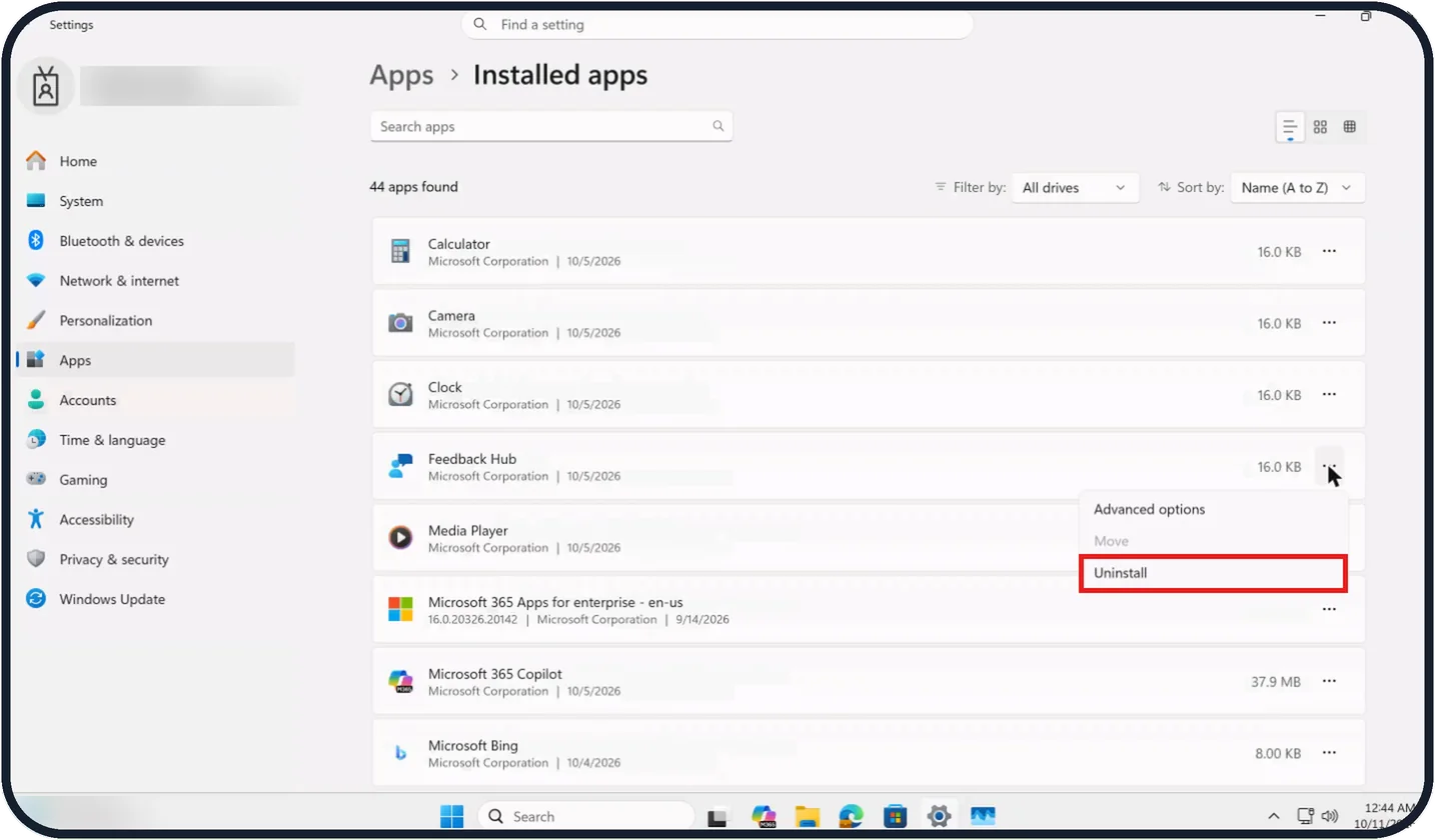 Windows screenshot: App: update or remove it